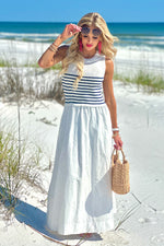 Juno Knit Top Woven Tank Dress : White/Navy