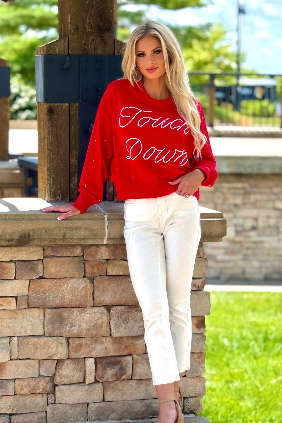 Gimme 6 Sweatshirt w/ Pearl Trim : Red