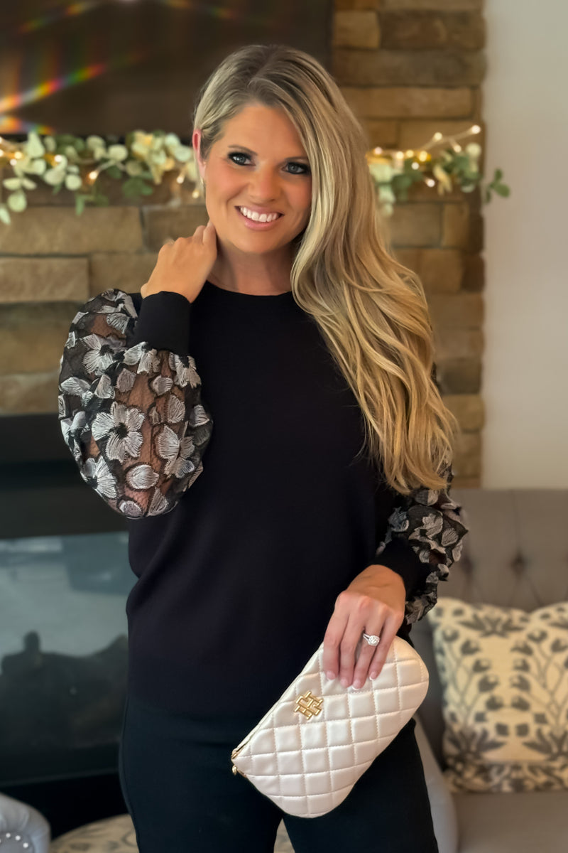 Liesel Embroidered Sleeve Crew Sweater : Black