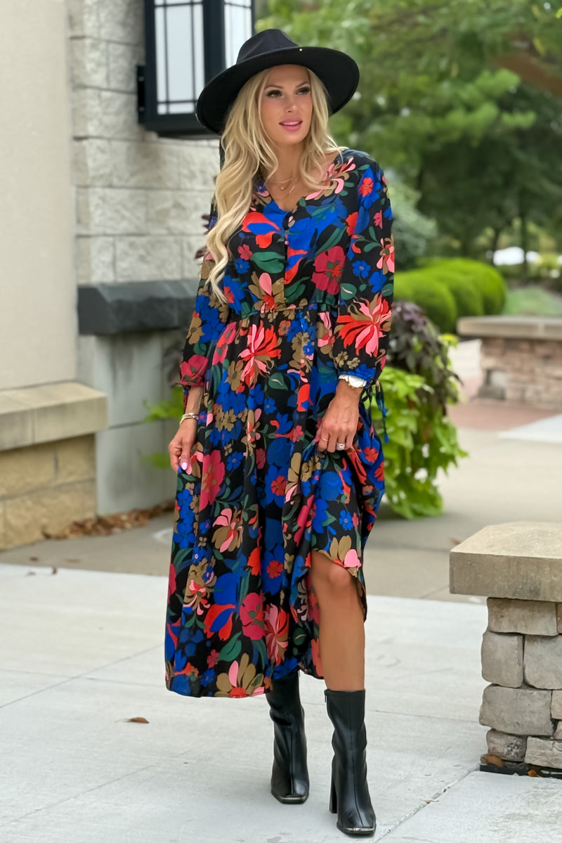Caris Floral Print Dress : Black