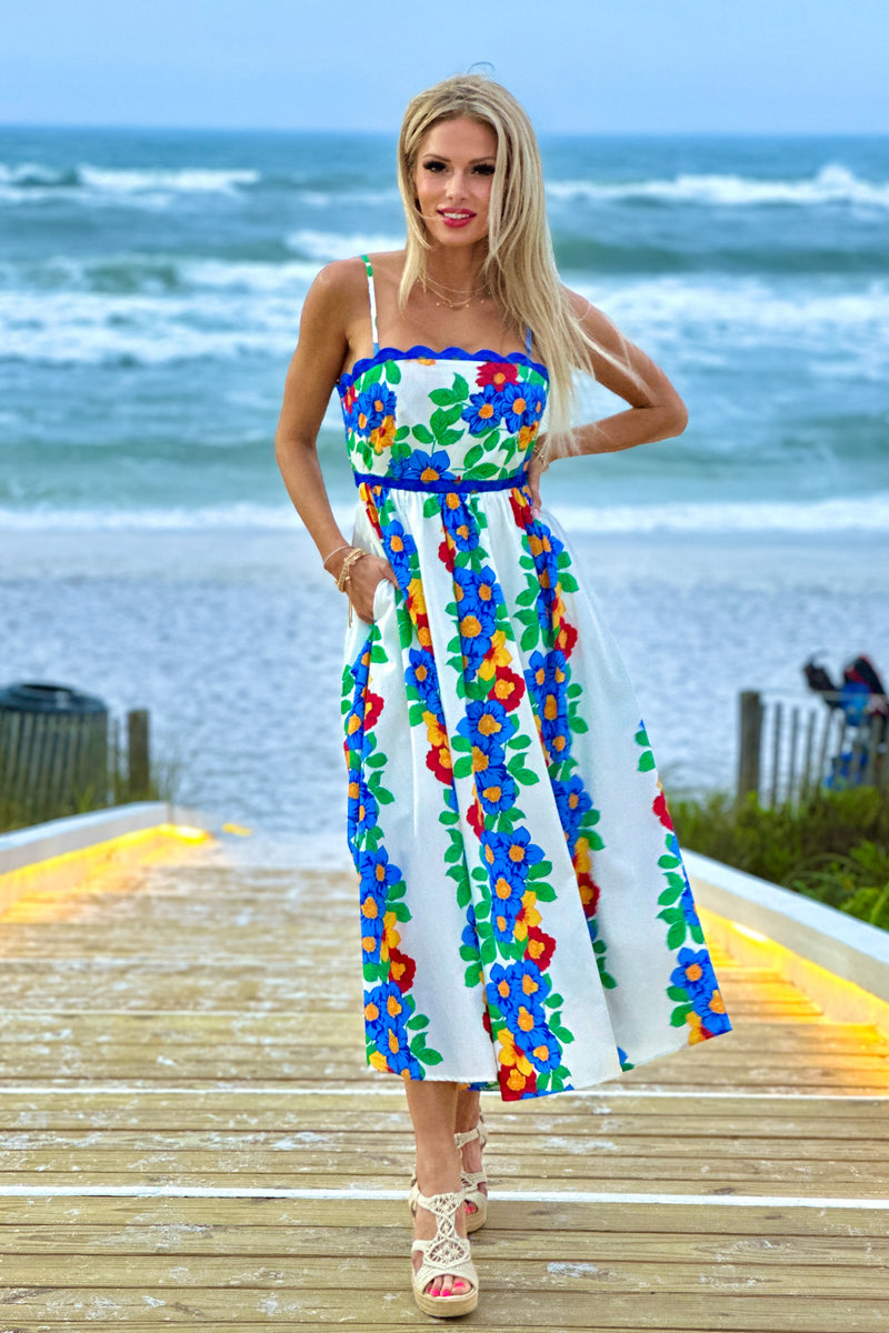 Chenoa Floral Wave Trim Maxi Dress : Blue