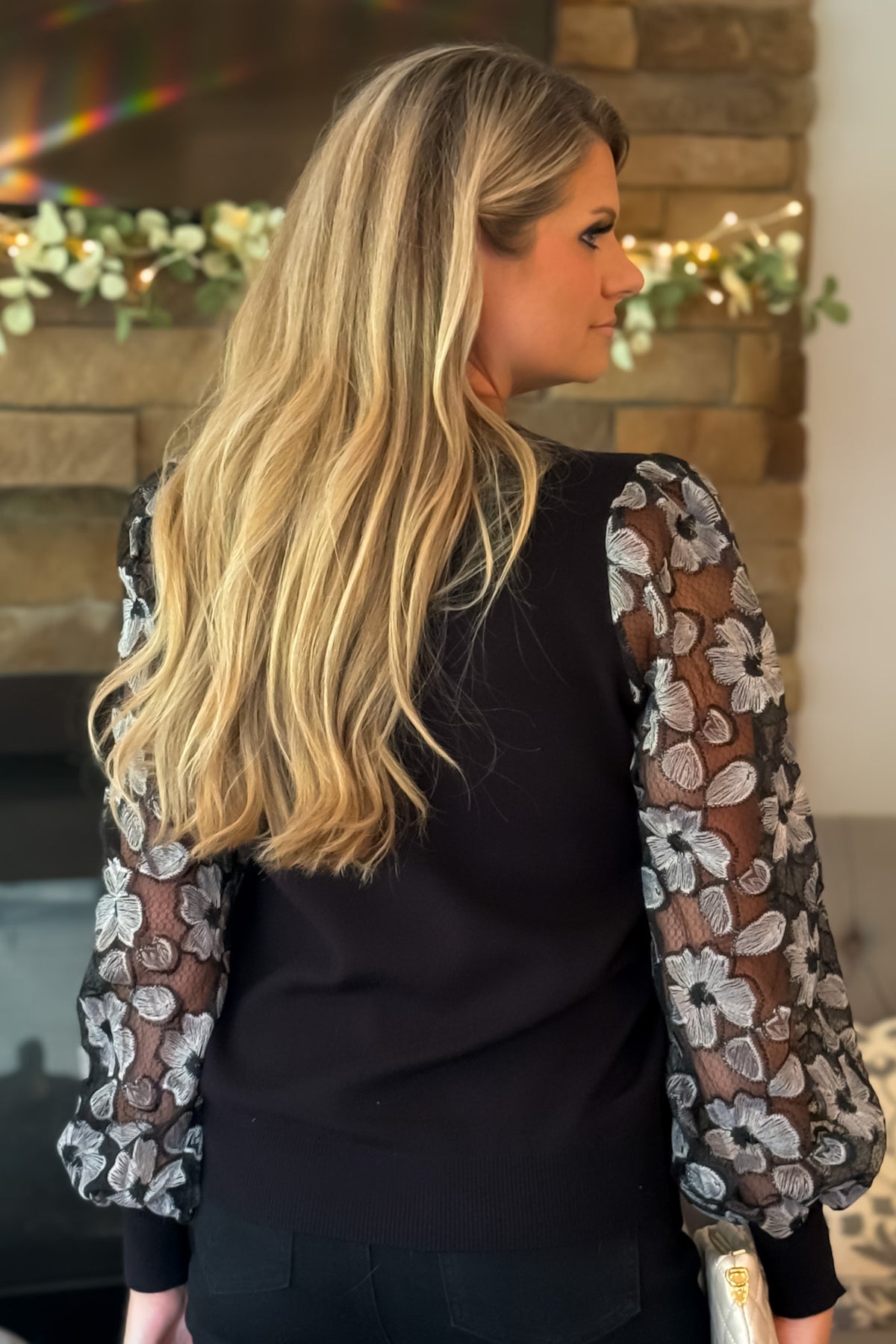 Liesel Embroidered Sleeve Crew Sweater : Black