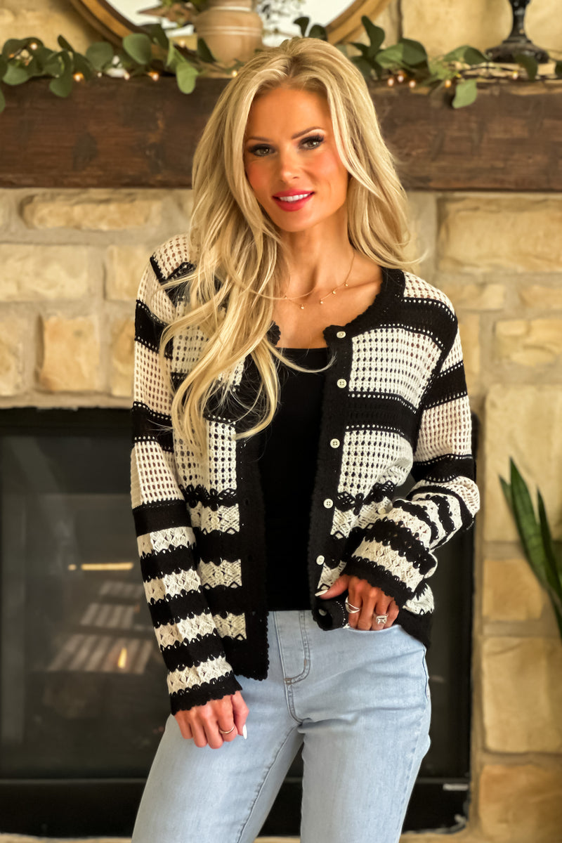 Tribal Constance Button Down Crochet Sweater : Black