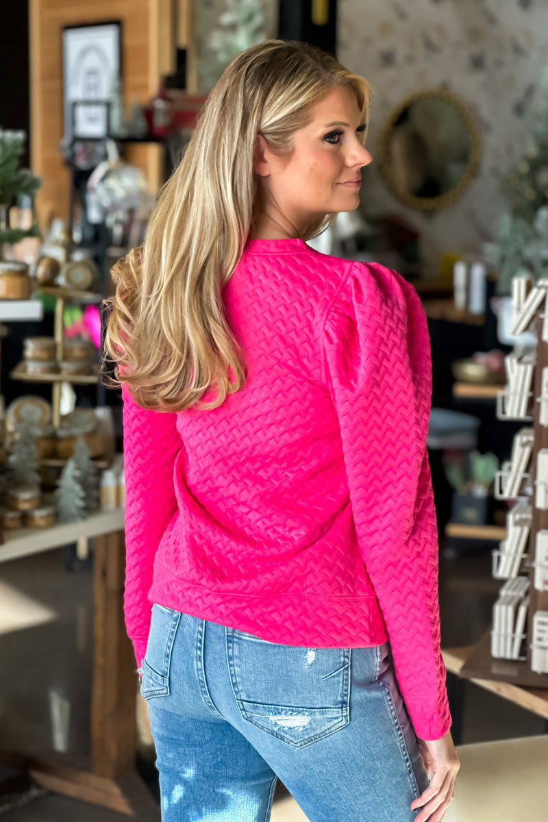 Feel The Love Textured Puff Sleeve Pullover : Pink