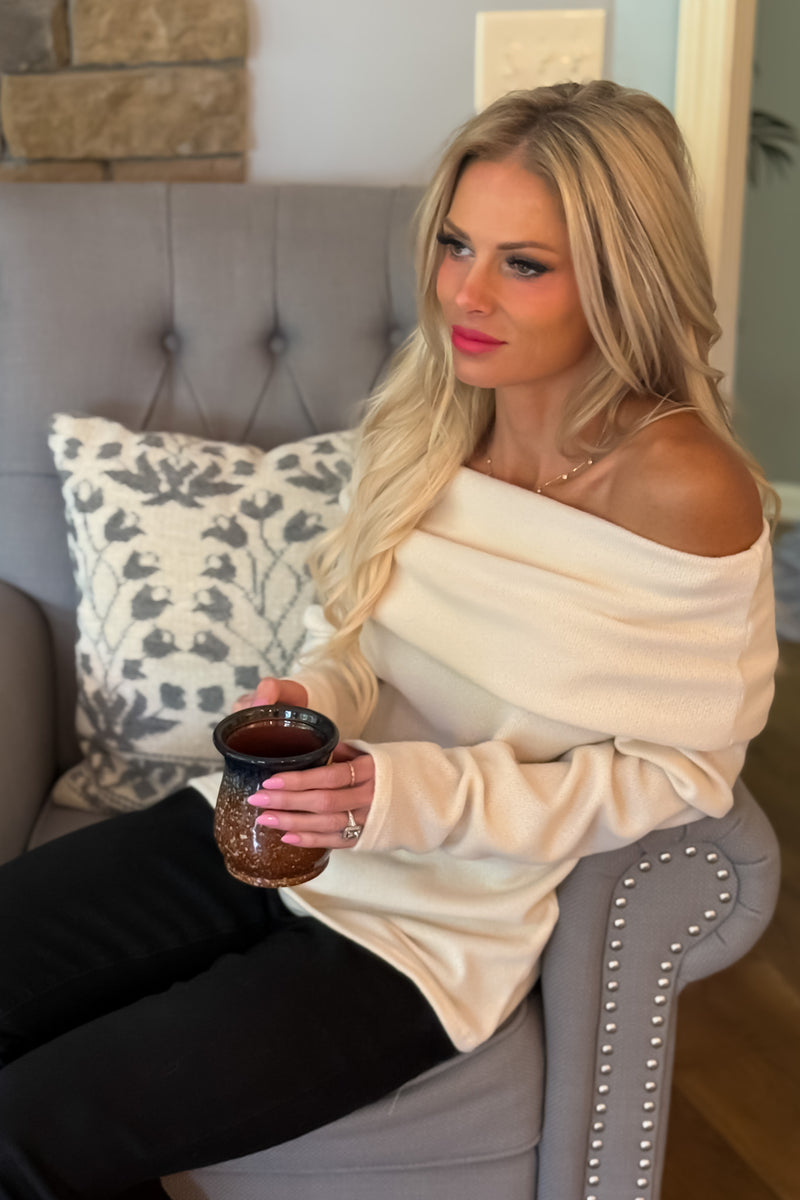 Pixie Soft Knit Off the Shoulder Sweater : Cream