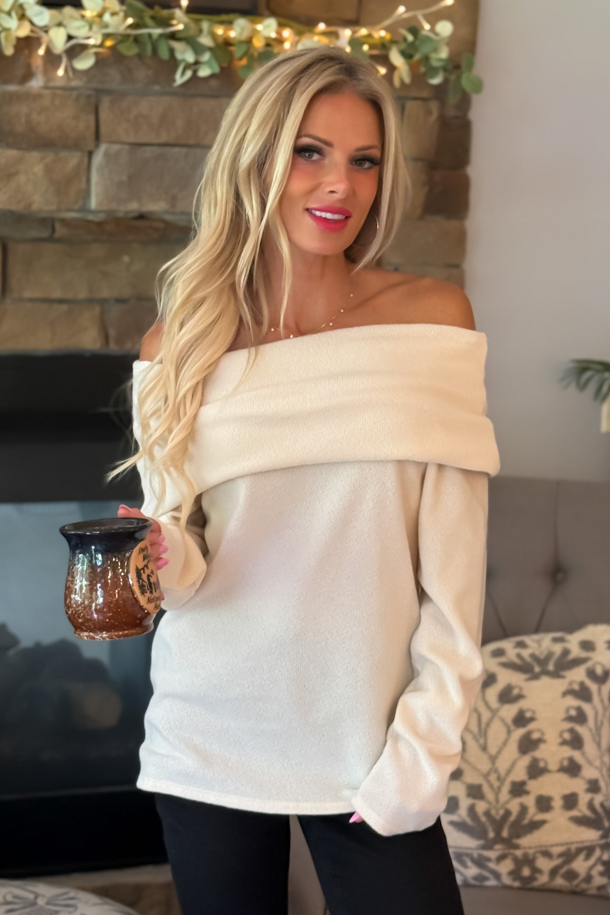 Pixie Soft Knit Off the Shoulder Sweater : Cream