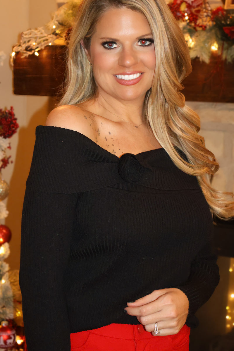 Estella Rose Corsage Off Shoulder Rib Knitted Sweater : Black