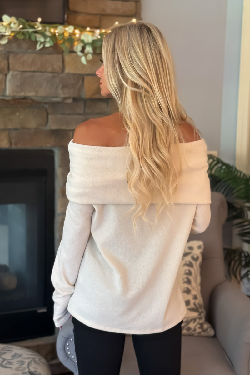 Pixie Soft Knit Off the Shoulder Sweater : Cream