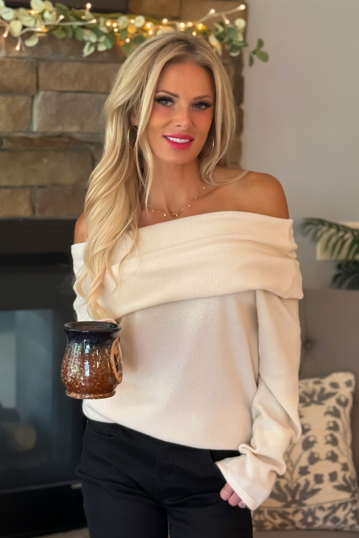 Pixie Soft Knit Off the Shoulder Sweater : Cream