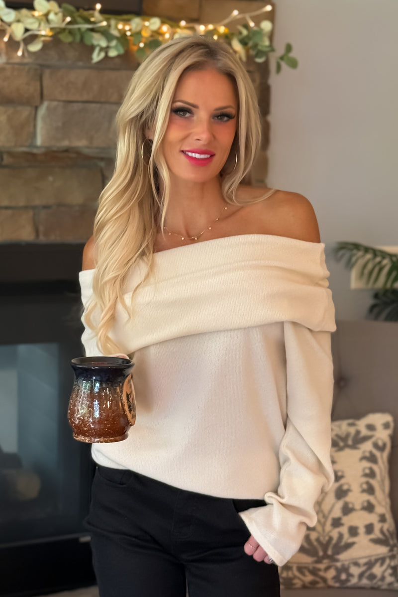 Pixie Soft Knit Off the Shoulder Sweater : Cream