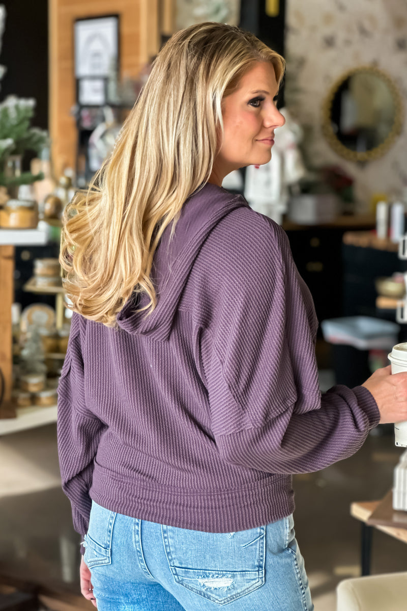 Come With Me Ribbed Knit 1/2 Zip Pullover : Eggplant