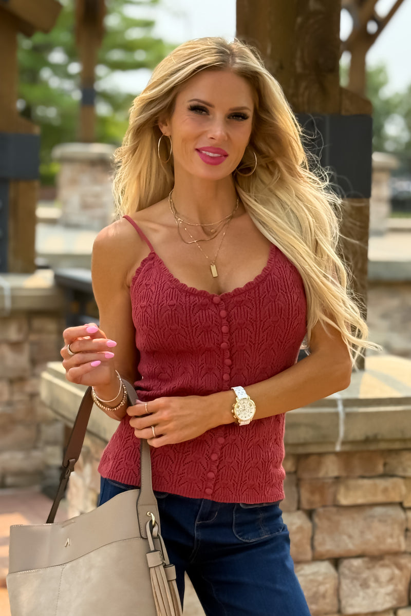 Carina Pointelle Knit Scallop Tank : Burnt Sienna