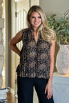THML Cocktail Girl Time Pleated V-Neck Tie Blouse : Black/Tan