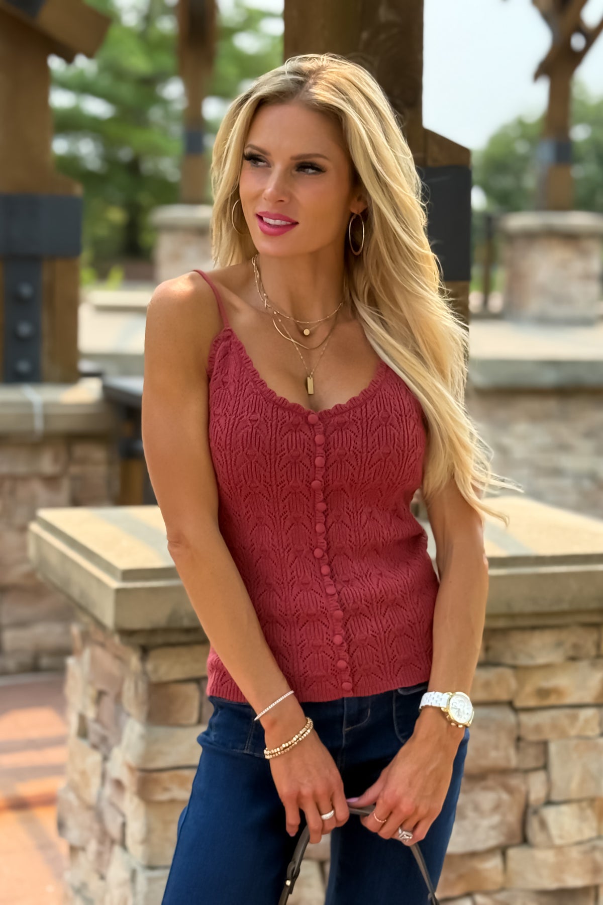 Carina Pointelle Knit Scallop Tank : Burnt Sienna