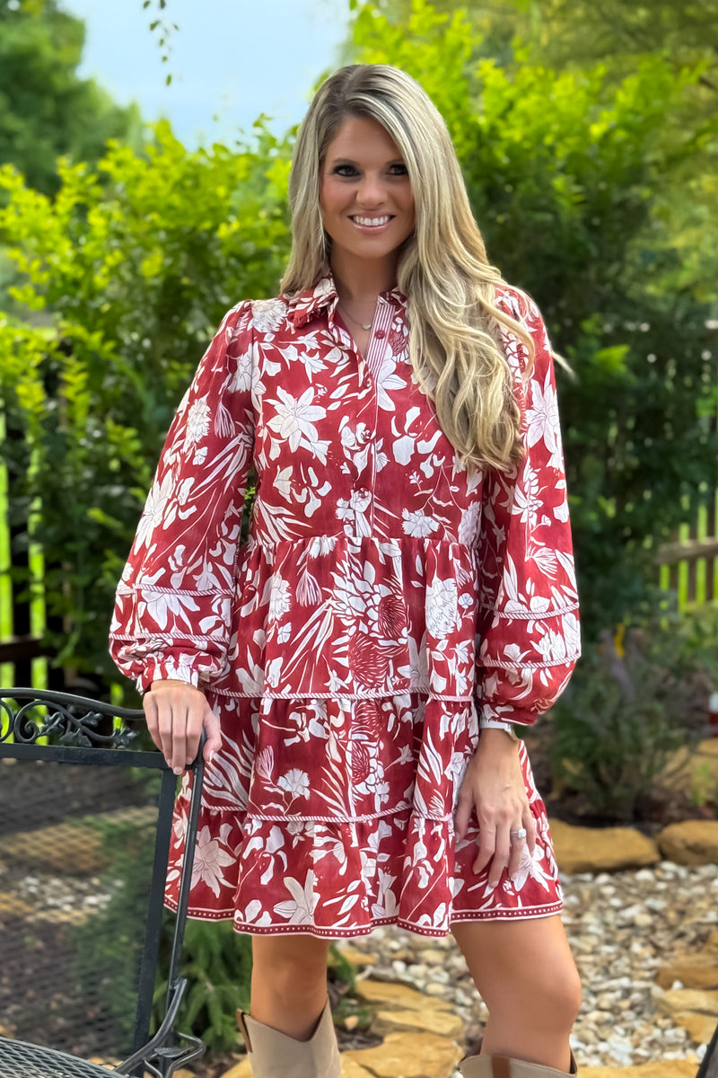 Katlynne Floral Print Tiered Dress : Brick