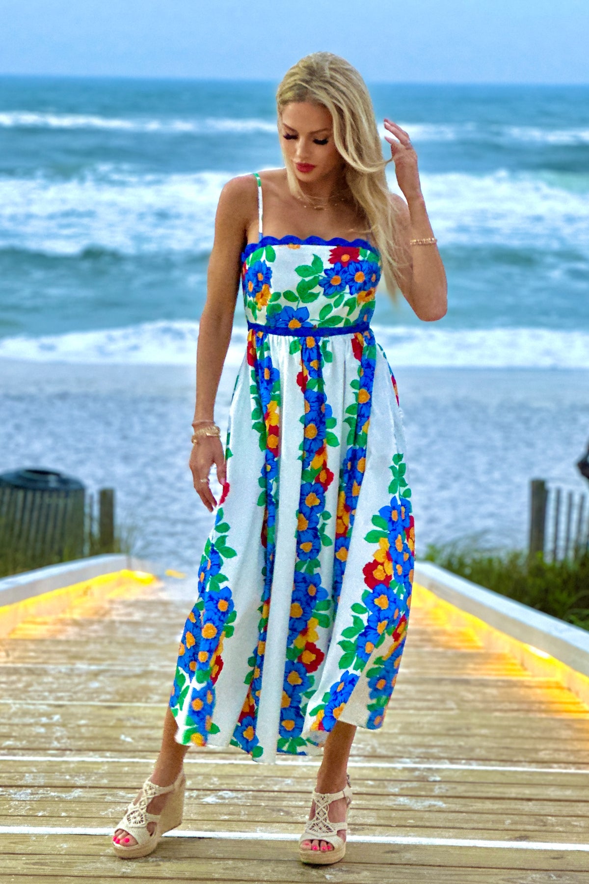Chenoa Floral Wave Trim Maxi Dress : Blue