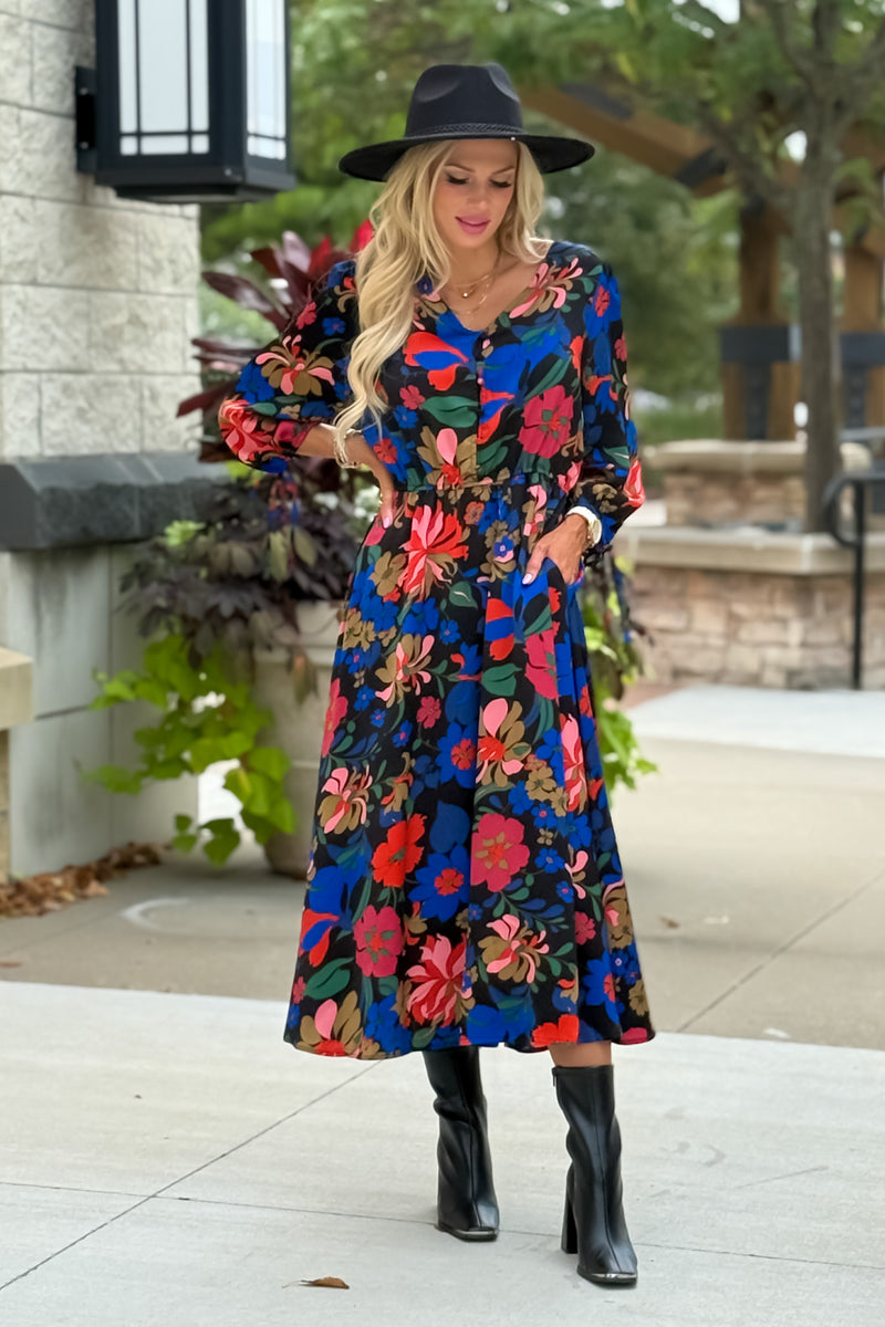 Caris Floral Print Dress : Black