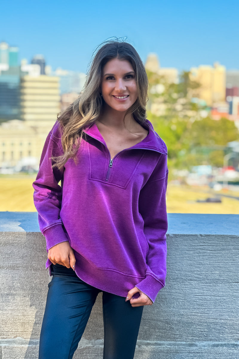 Thea Vintage Wash Long Pullover : Eggplant