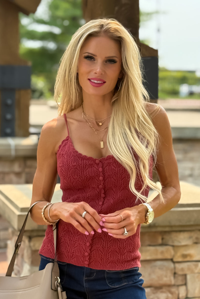 Carina Pointelle Knit Scallop Tank : Burnt Sienna