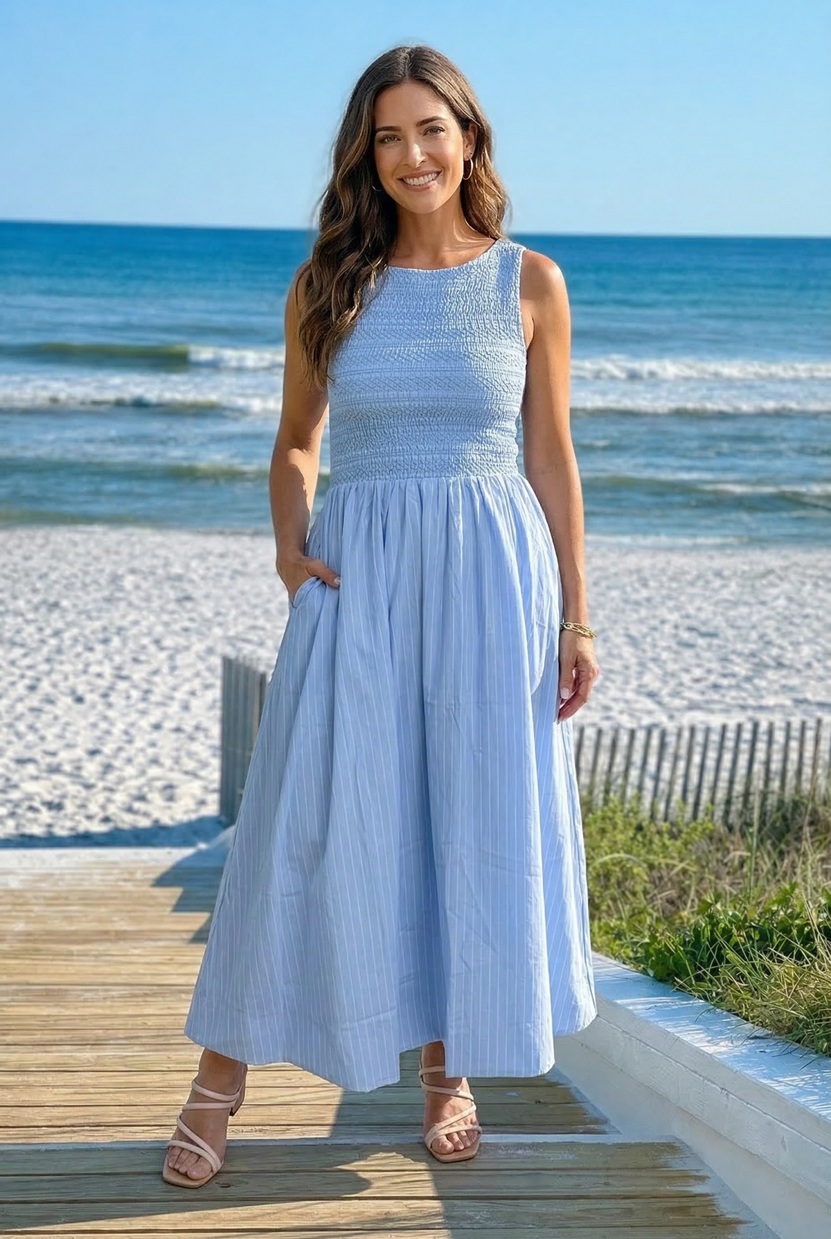Gabriella Striped Woven Dress : Light Blue
