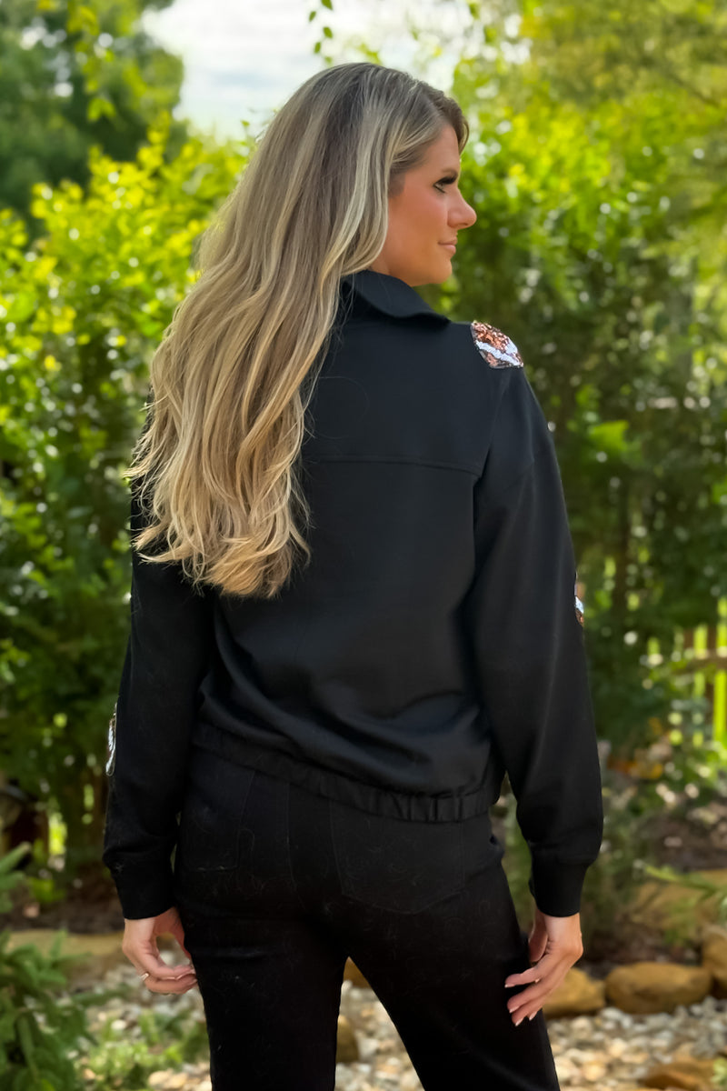 Glam Game Sequined Football 1/4 Zip Top : Black