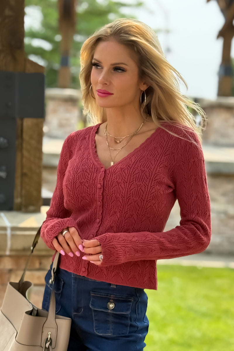 Cordilee Long Sleeve Pointelle Knit Cardigan: Burnt Sienna