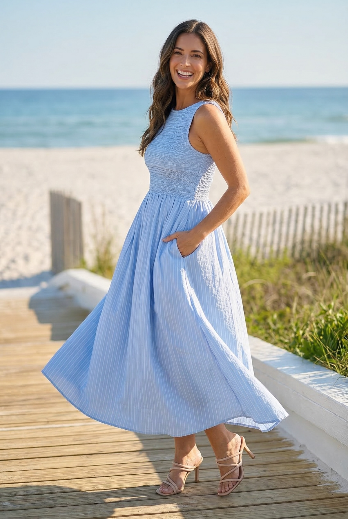 Gabriella Striped Woven Dress : Light Blue