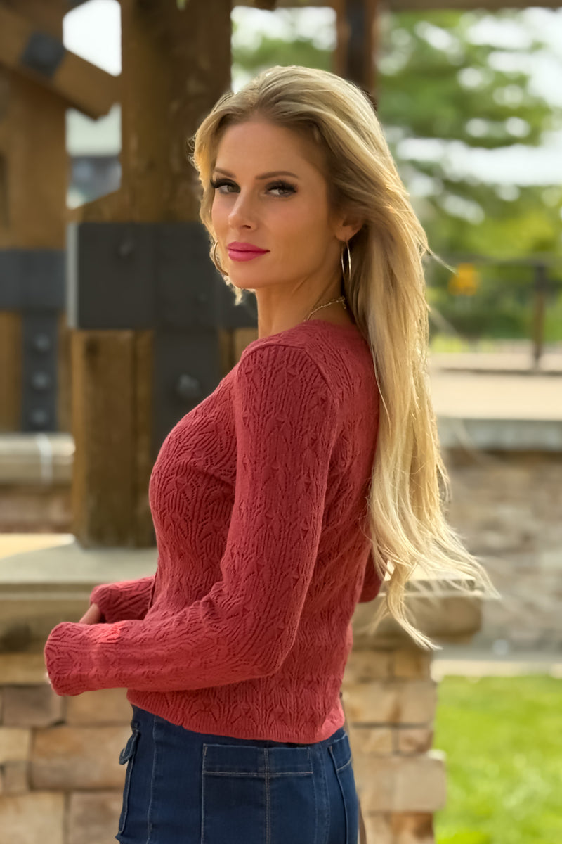 Cordilee Long Sleeve Pointelle Knit Cardigan: Burnt Sienna