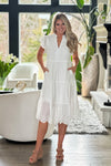 Tea Time Eyelet Accent Midi Dress : White