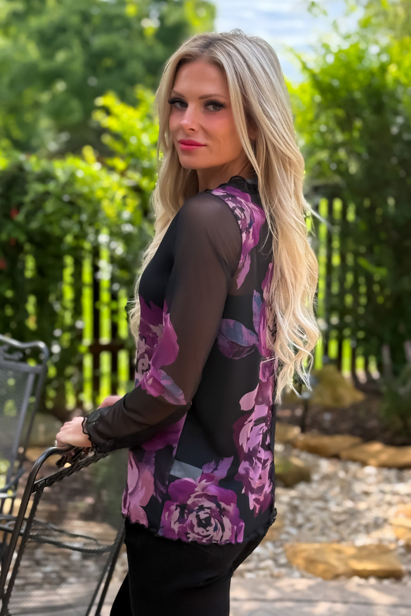 Penelope Long Sleeve Floral Mesh Top : Black