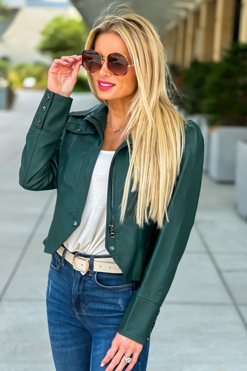 Hit The Town Faux Leather Puff Sleeve Jacket : Hunter Green