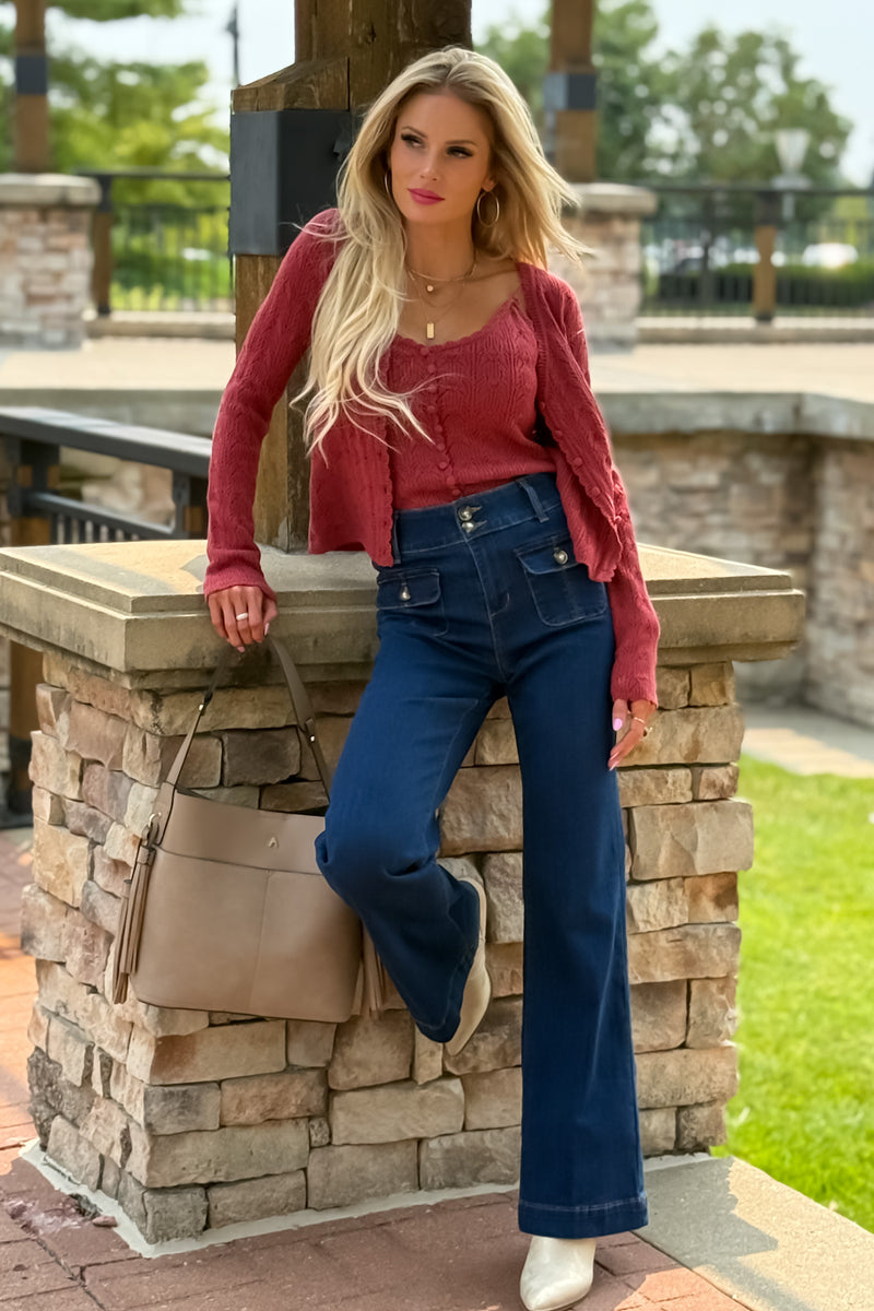 Cordilee Long Sleeve Pointelle Knit Cardigan: Burnt Sienna