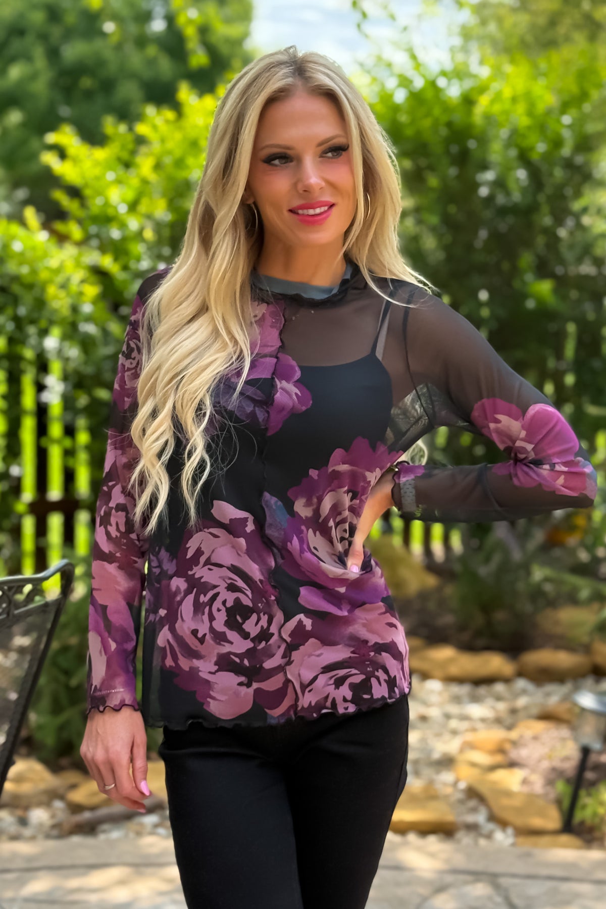 Penelope Long Sleeve Floral Mesh Top : Black