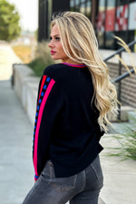 Zaket & Plover Jaquard Sleeve V-Neck Sweater : Black/Multi