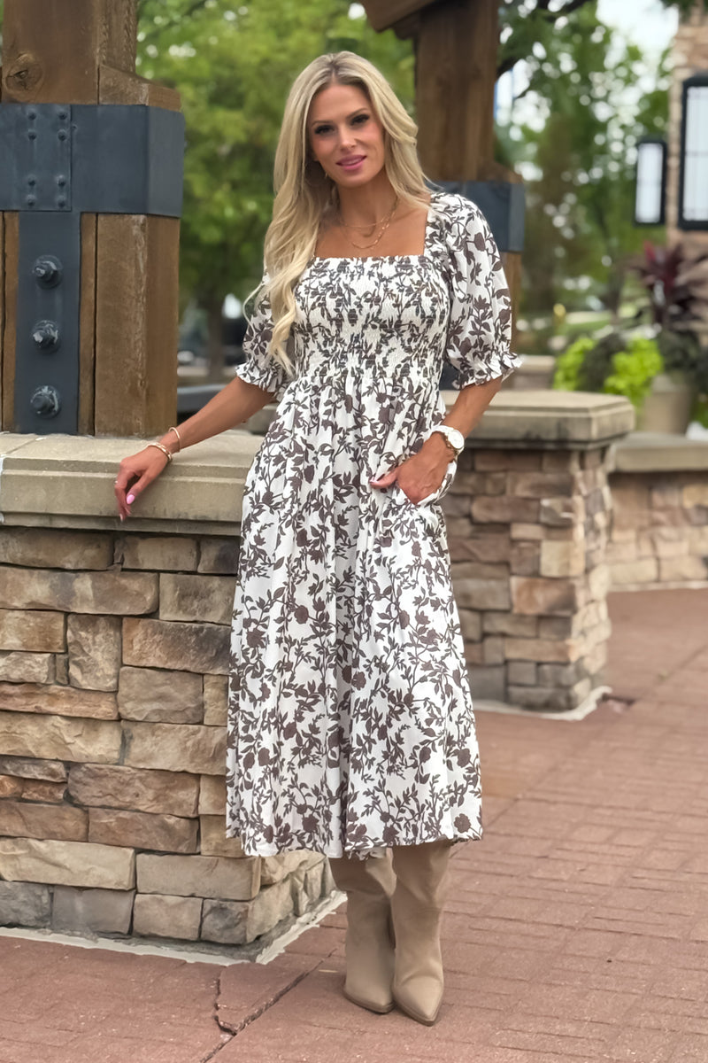 Elkie Balloon Sleeve Smocked Midi Dress : Ivory/Chocolate