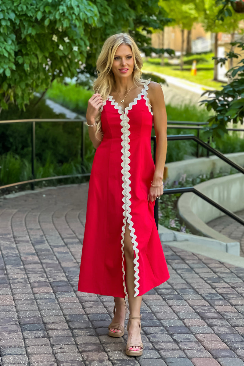 Shelby Scallop Front Maxi Dress : Red