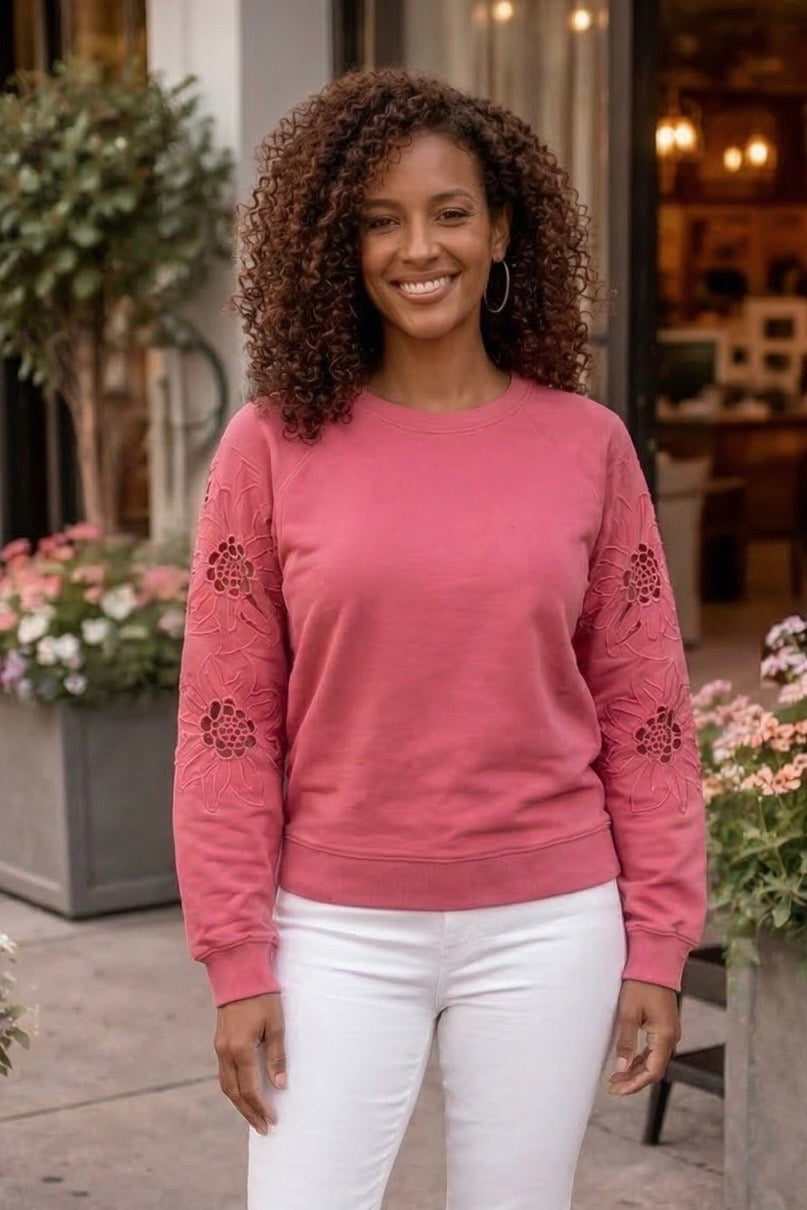 Elina Embroidered Sleeve Knit Pullover : Lipstick