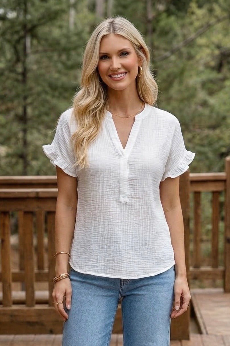 Eleanor Woven Short Sleeve Top : Off White