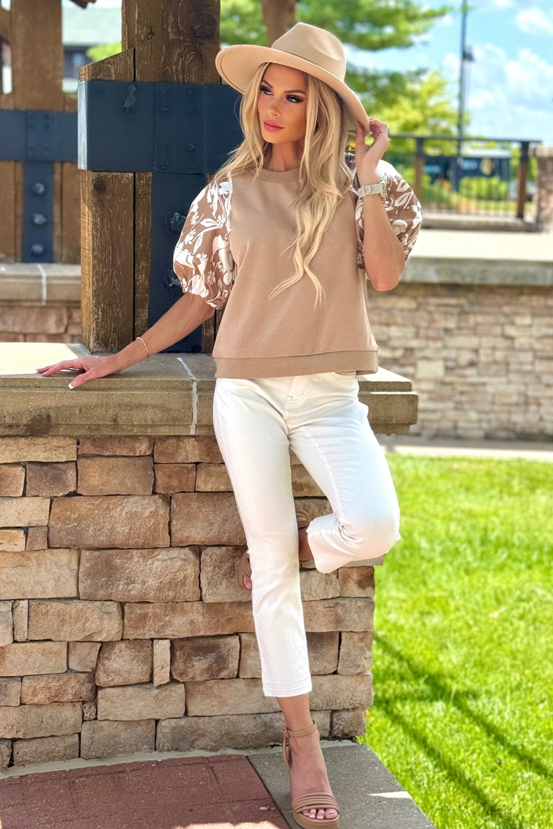 Brooks Floral Print Puff Sleeve Top : Camel