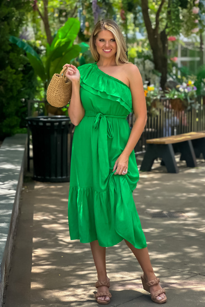 Allie One Shoulder Ruffle Dress : Green