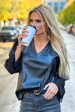 Got The Groove Sheer Smocked Sleeve Pleather Top : Black