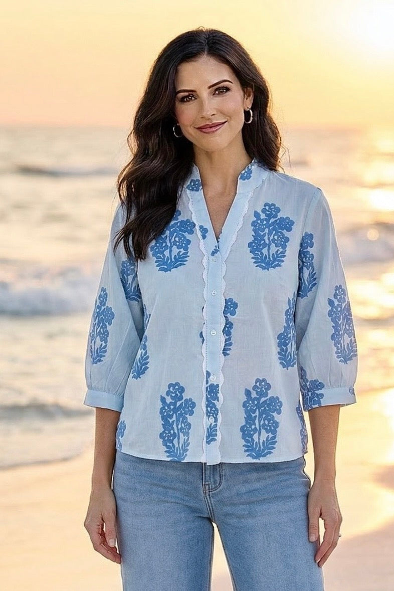 Maggie Long Sleeve Floral Pattern Button Up Top : Light Blue