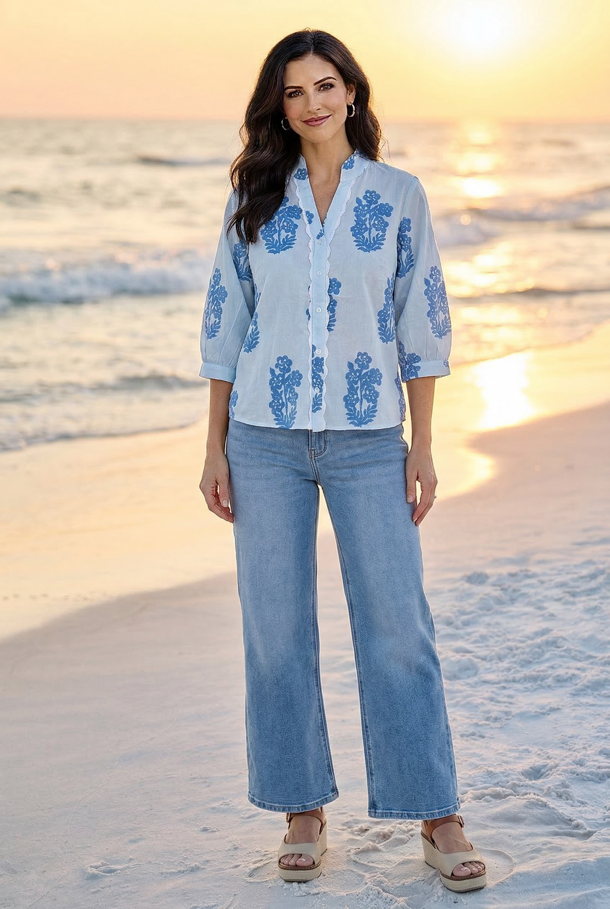 Maggie Long Sleeve Floral Pattern Button Up Top : Light Blue