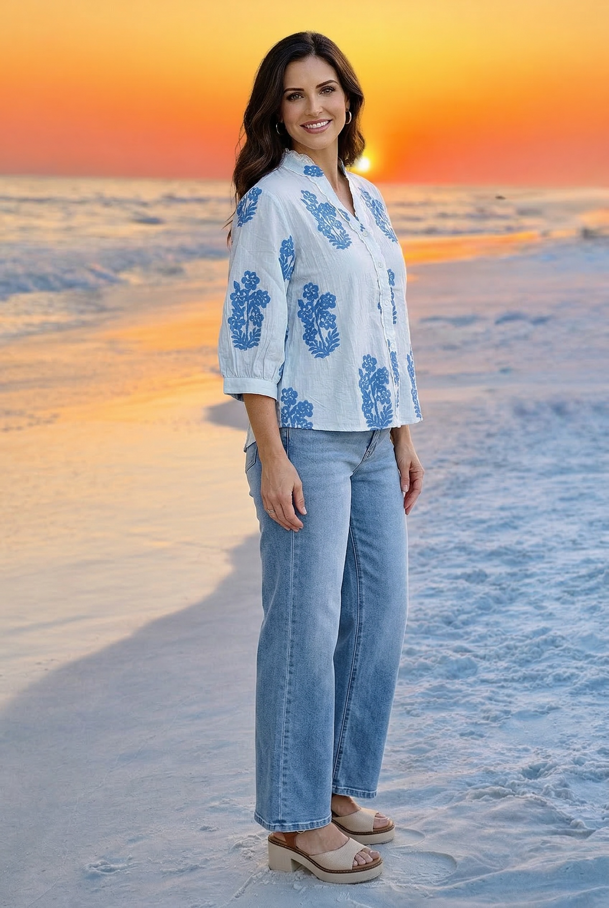 Maggie Long Sleeve Floral Pattern Button Up Top : Light Blue