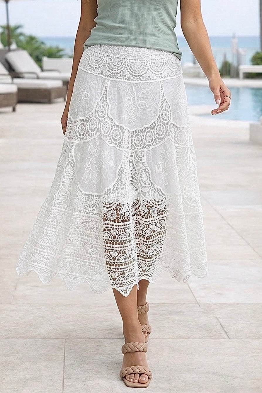 Vanessa Elastic Waist Crochet Maxi Skirt : White