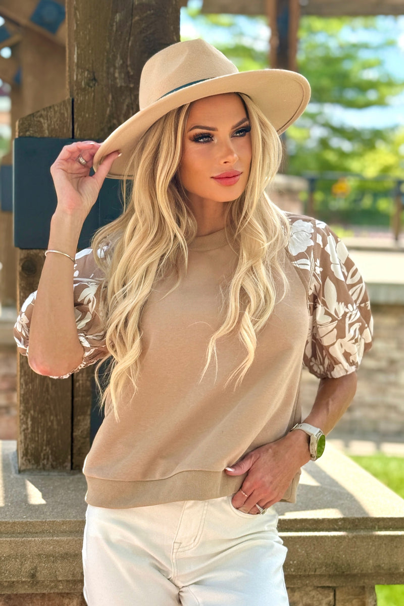 Brooks Floral Print Puff Sleeve Top : Camel