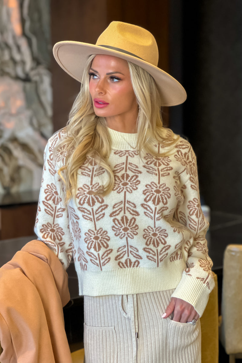 Autumn Rose Flower Pattern Sweater : Beige