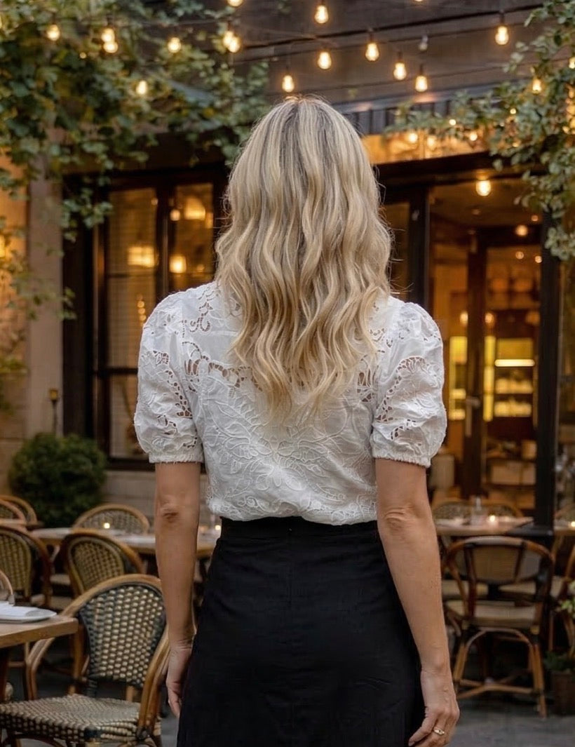 Alaina Embroidered Split Neck Puff Sleeve Blouse : White
