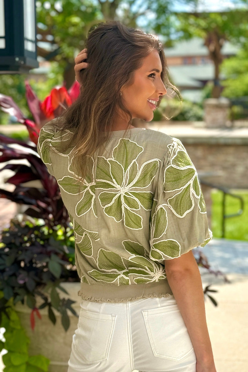 Bellamy Floral Detail Embroidery Top : Olive