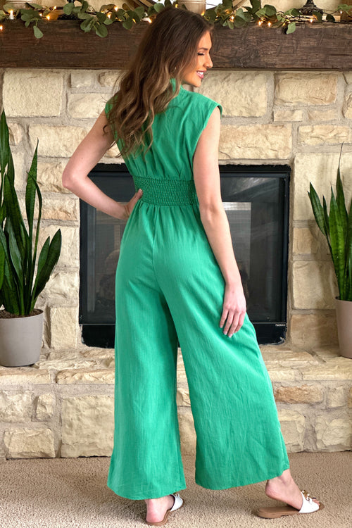 Grier Elastic Waist Zip Up Jumpsuit : Green